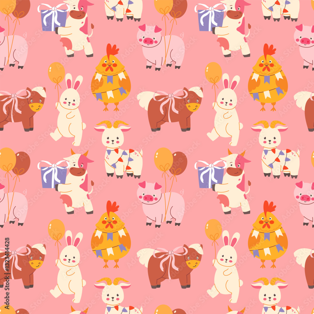 Seamless pattern with cute animals with gifts and balloons Seamless pattern with cute animals with gifts and balloons