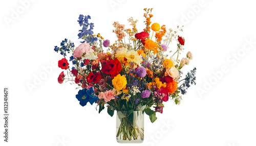 Vibrant Colorful Flower Bouquet in Vase on transparent background