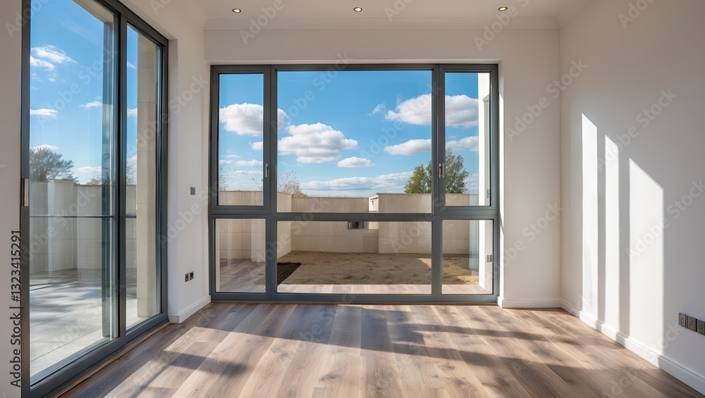Spacious empty room with large glass window showcasing blue sky and clouds, modern wooden laminate flooring creating a bright and inviting atmosphere.
