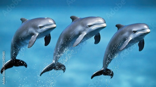 Three Dolphins Leaping Ocean Wildlife Nature Marine Mammals photo