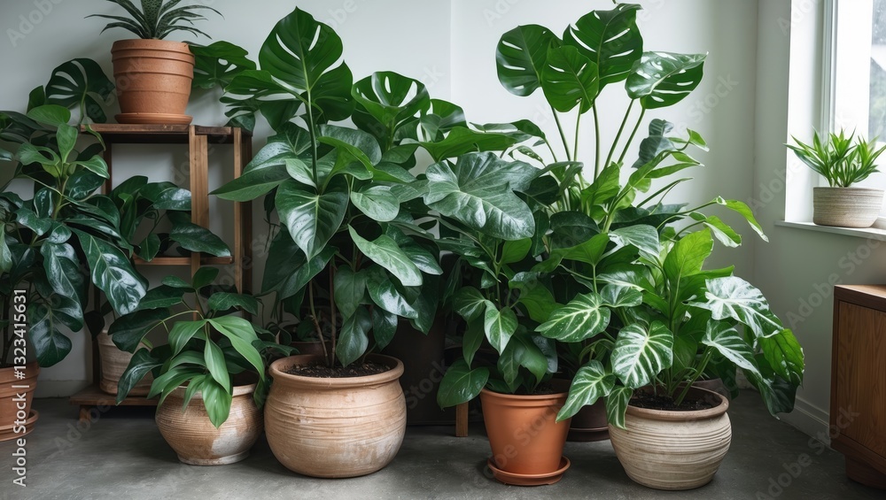 Obraz premium Lush indoor greenery featuring various potted plants in earthy tones placed near a bright window with shadows on a gray floor