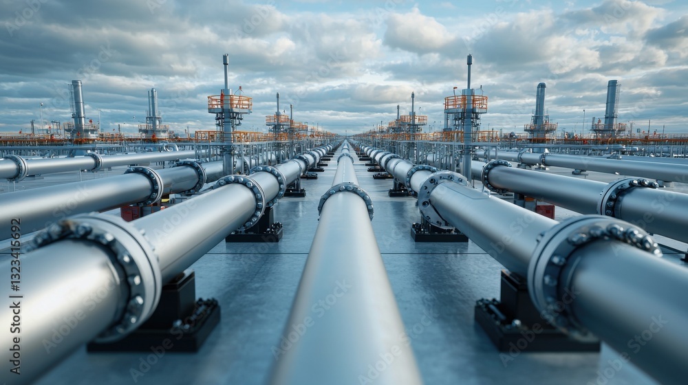 Vast industrial pipeline network spanning the horizon amid a cloudy urban cityscape environment with power plants refineries and other energy infrastructure facilities Vast industrial pipeline network spanning the horizon amid a cloudy urban cityscape environment with power plants refineries and other energy infrastructure facilities