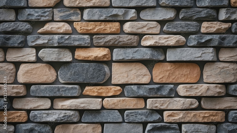 Obraz premium Decorative stone wall backdrop featuring randomly sized beige and gray stones arranged evenly, creating a textured surface ideal for backgrounds.