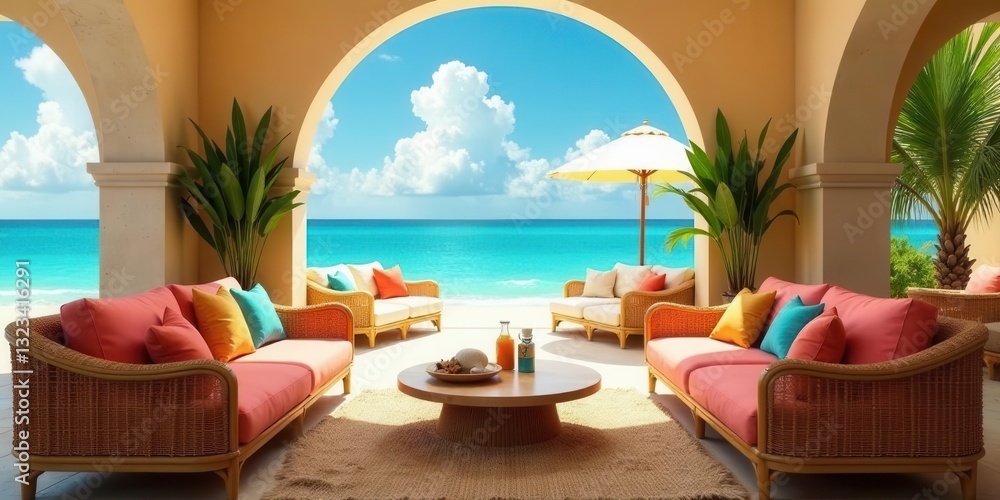 Obraz premium Serene Coastal Relaxation Wicker Sofas and Tropical Plants Frame an Ocean View