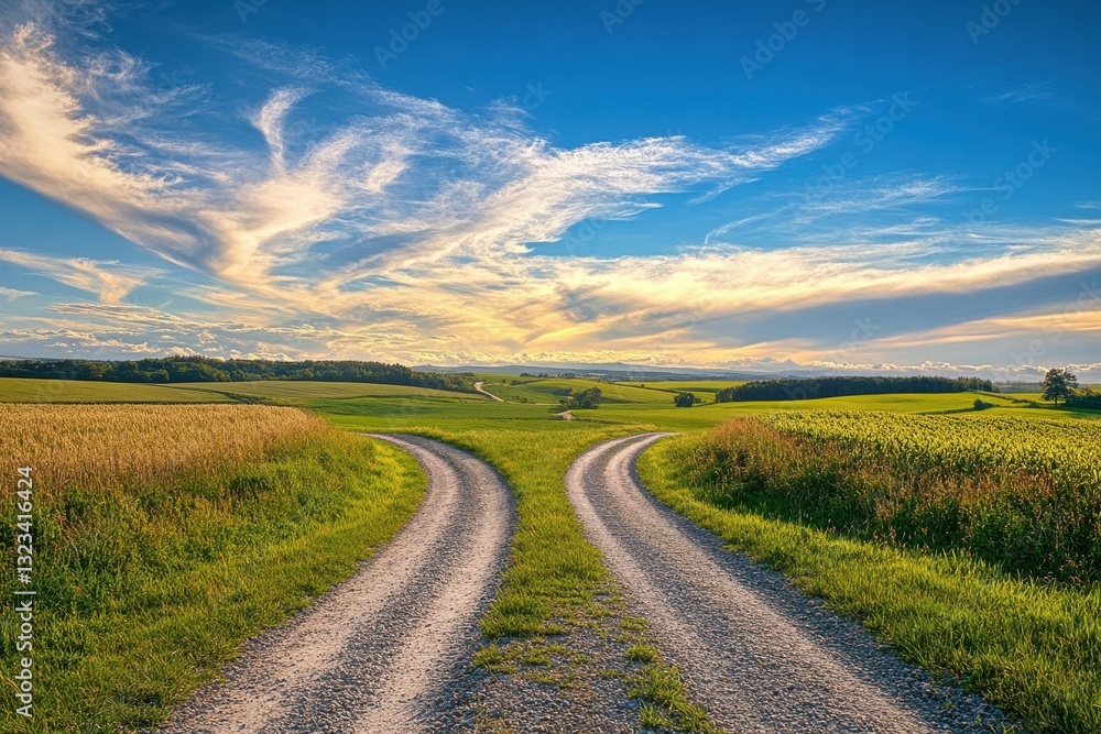 Gravel road forks in a scenic countryside, under a vibrant sunset sky. Illustrates choices, opportunities, or journeys ahead. Gravel road forks in a scenic countryside, under a vibrant sunset sky. Illustrates choices, opportunities, or journeys ahead.