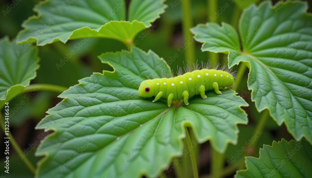 Fototapeta premium Close-up of a green caterpillar crawling on a strawberry leaf in a garden, showcasing garden pests