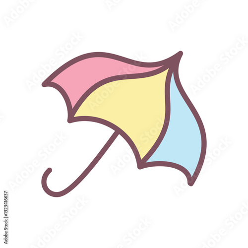 Cute umbrella icon. Hand drawn illustration of a colorful parasol isolated on a white background. Kawaii spring sticker. Vector 10 EPS.