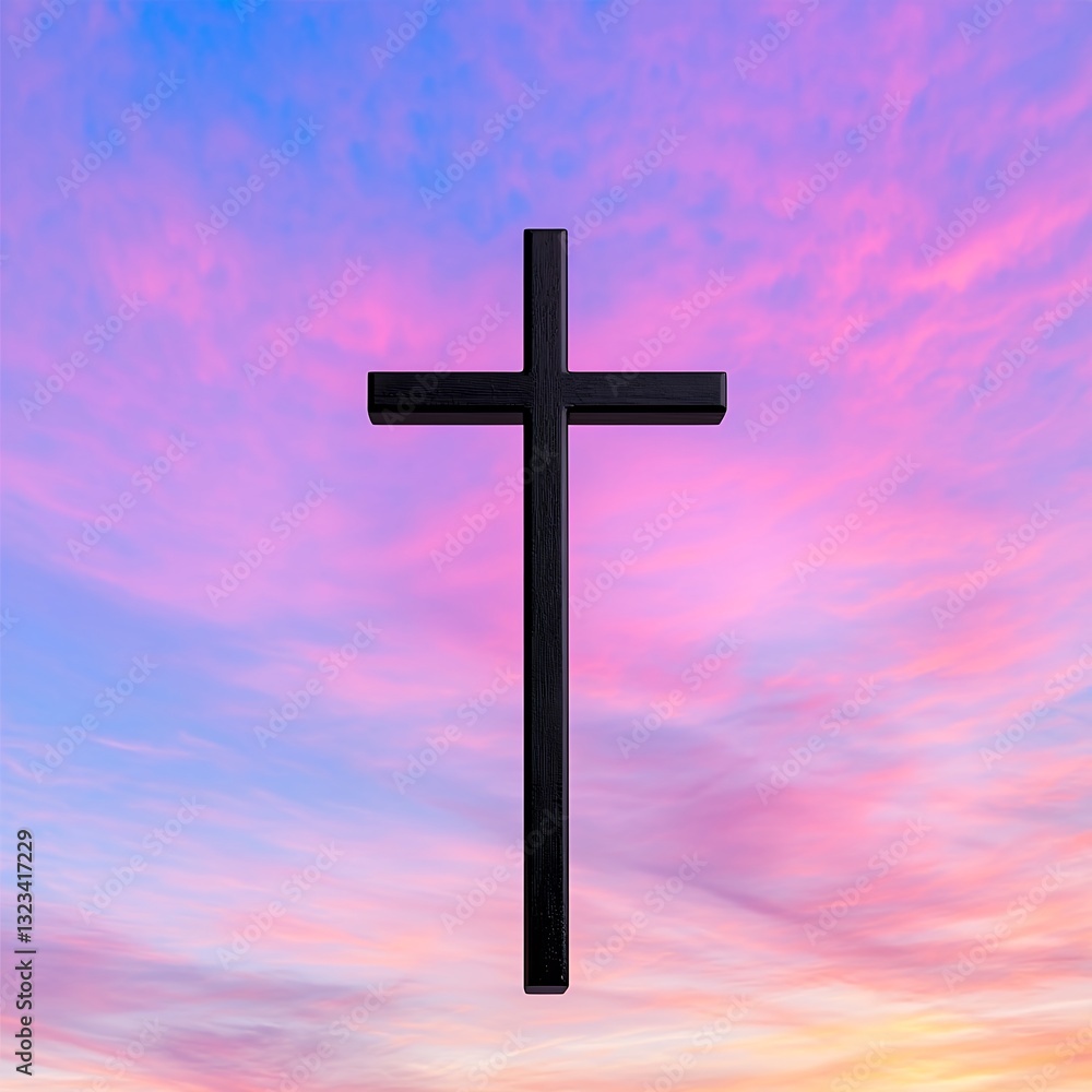 Black Cross Silhouette Against Vibrant Pink and Blue Sunset Sky Black Cross Silhouette Against Vibrant Pink and Blue Sunset Sky