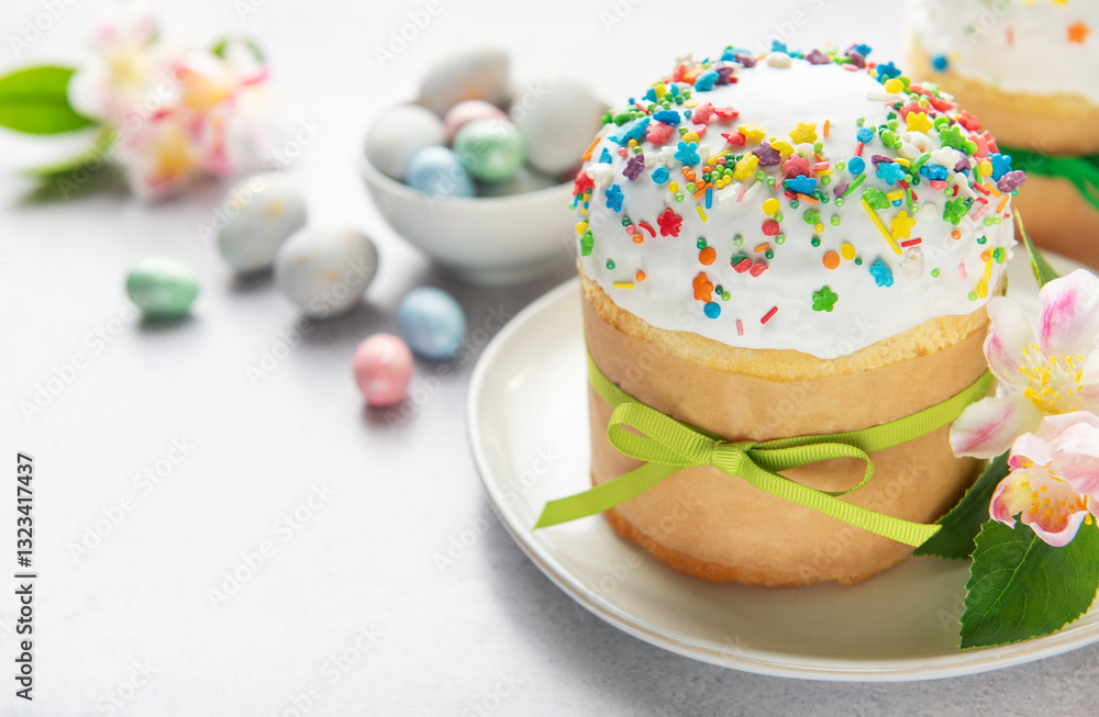 Delicious easter cake decorated with colorful sprinkles and green ribbon