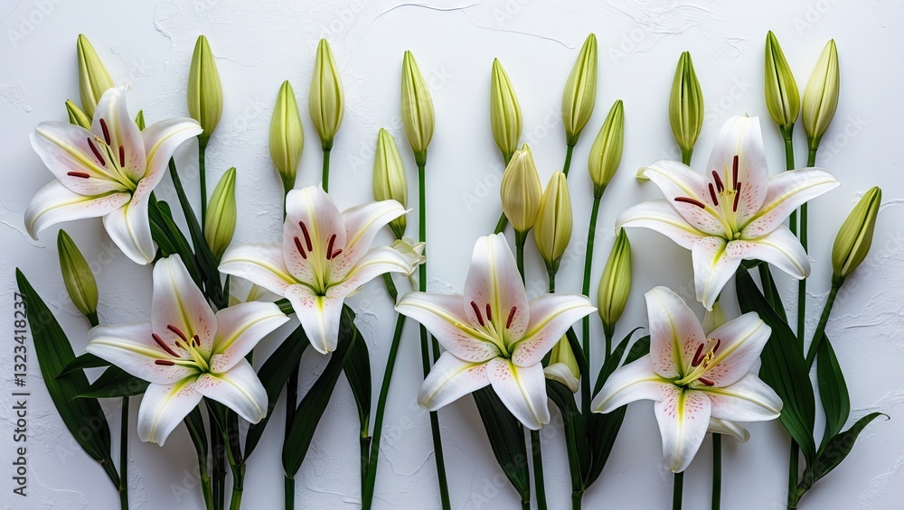 Obraz premium Elegant white lilies arranged in a row on a textured white background with green buds on both sides providing ample copy space for design.