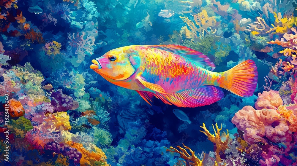 A colorful close-up of a parrotfish swimming among coral reefs digital A colorful close-up of a parrotfish swimming among coral reefs digital