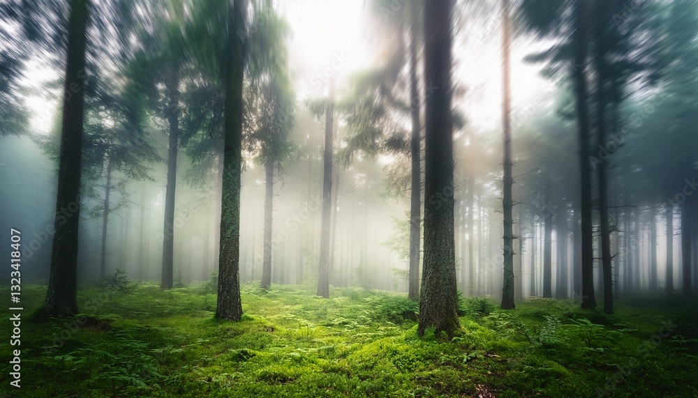 Fototapeta premium Abstract blurred forest background with a misty depth effect, creating a calming and atmospheric nature scene. Perfect for serene designs and nature-inspired projects.