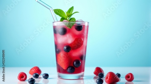 Wallpaper Mural Refreshing Berry Cocktail with Mint and Straw on Light Blue Torontodigital.ca