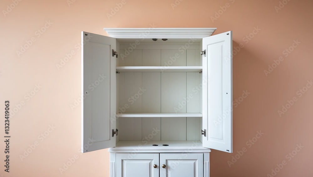 Open white cabinet with two doors on a soft peach background, featuring three empty shelves and ample space for text or design elements.
