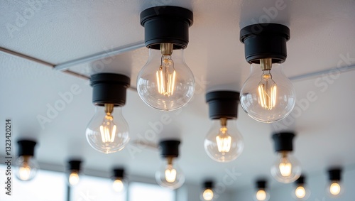 Close-up of vintage light bulbs suspended from a black ceiling fixture against a neutral backdrop showcasing warm golden tones in illumination.
