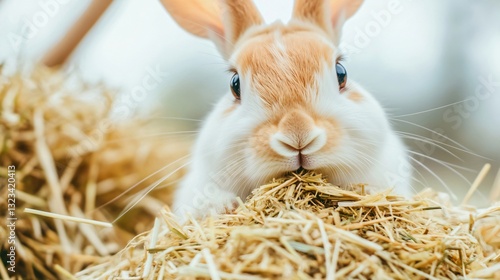 Cute rabbit nestled in hay, fluffy ears and soft fur, perfect for animal care themes or pet product promotions.