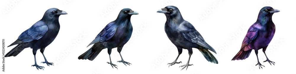 Fototapeta premium Elegant and Iridescent Crow Perched on a Branch Observing Silently with Piercing Eyes This majestic corvid with its deep blue and purple plumage stands out against the natural backdrop