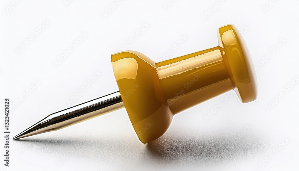 Bright yellow push pin resting on a clean white surface with a metallic tip Bright yellow push pin resting on a clean white surface with a metallic tip