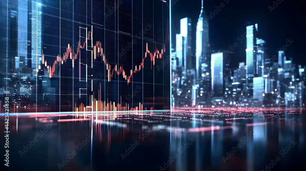Naklejka premium Illuminated Cityscape At Night With Chart Overlay And Data Lines Reflecting On Surface In Futuristic Style