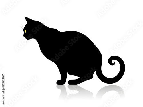 Elegant Black Cat Silhouette with Curled Tail and Yellow Eyes