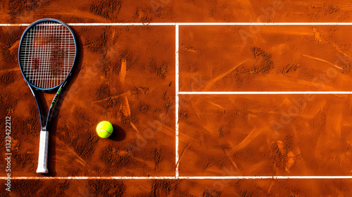 Overhead View Of Tennis Racket And Ball On Orange Clay Court With White Lines