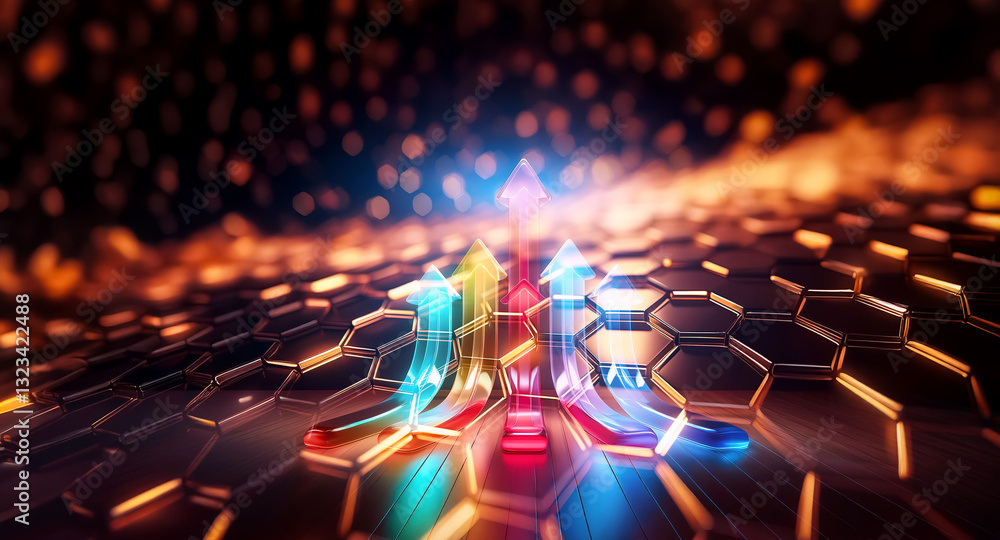 Fototapeta premium Glowing arrows ascend on a hexagonal surface. Vibrant blue, yellow, and red hues illuminate the path forward, against a bokeh background.