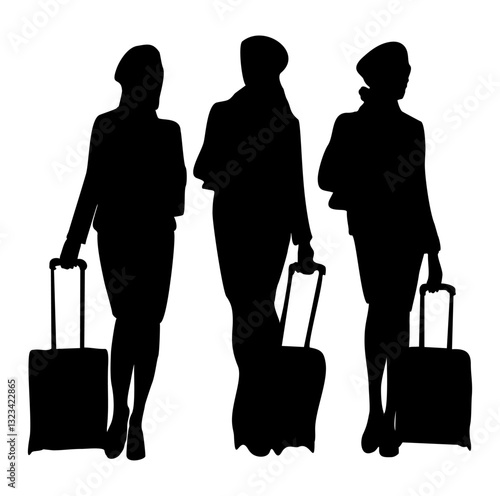 Set of female flight attendants walking with suitcase silhouettes. Stewardesses in uniform full body black flat vector illustrations isolated on transparent background