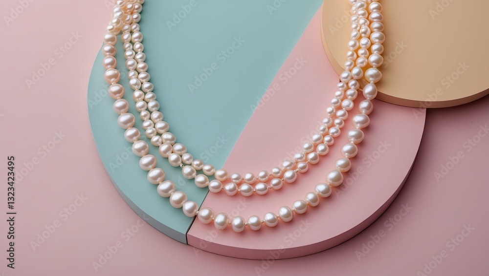 Elegant pearl necklaces arranged on circular pastel backgrounds in mint green, soft pink, and warm yellow, showcasing a refined abstract design.