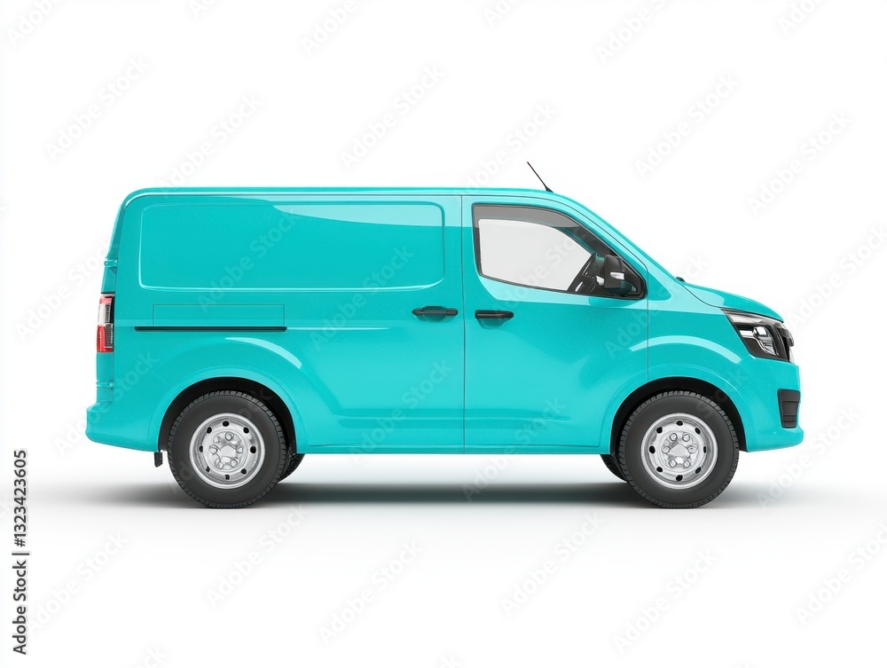 Light teal delivery van on white background, side view. Clean lines, simple design. Perfect for transportation or delivery concepts. Light teal delivery van on white background, side view. Clean lines, simple design. Perfect for transportation or delivery concepts.