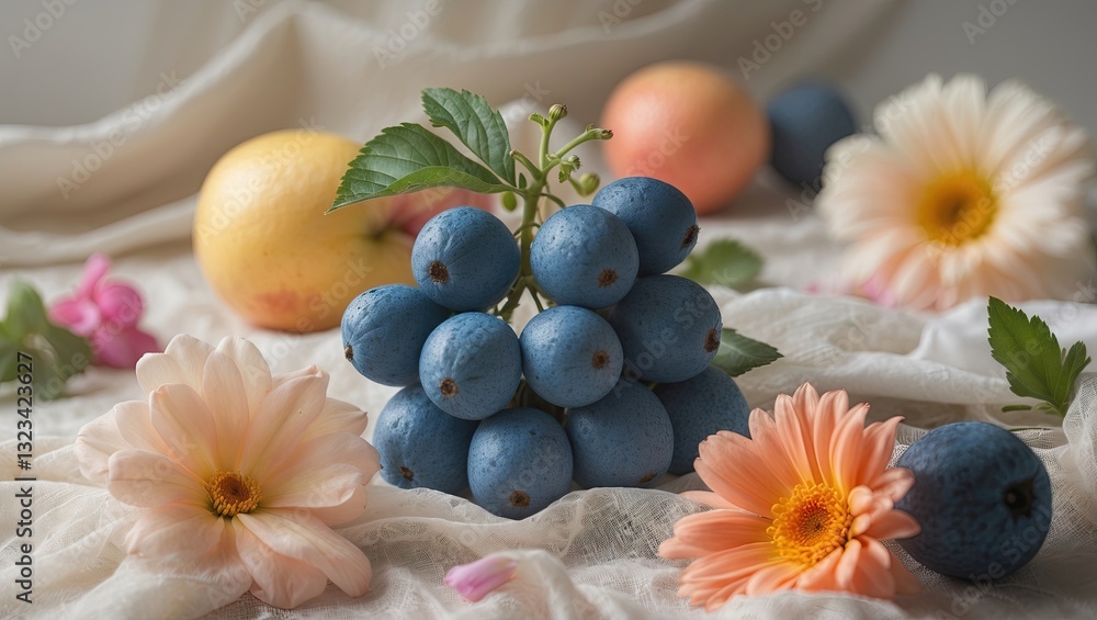 Vibrant blue grapes arranged in a tight cluster with soft pink and orange flowers on a delicate white fabric background creating a cheerful still life. Vibrant blue grapes arranged in a tight cluster with soft pink and orange flowers on a delicate white fabric background creating a cheerful still life.