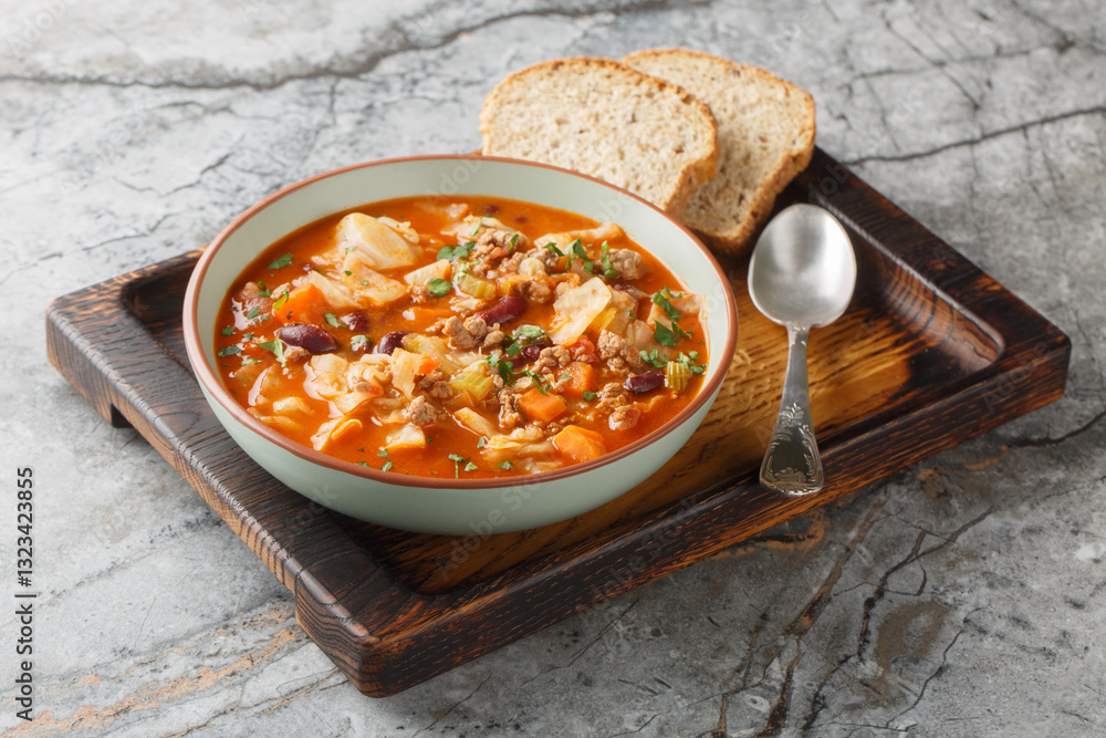 Italian sausages cabbage tomato soup with vegetables close-up in a bowl on the table. Horizontal