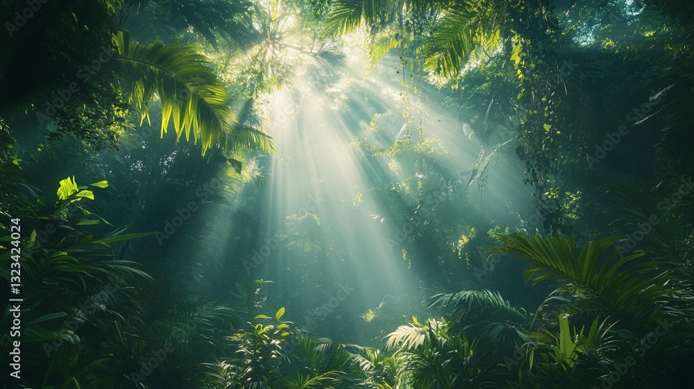 Fototapeta premium Sunbeams in Lush Jungle