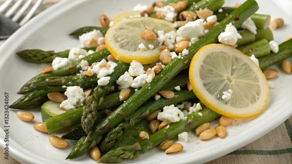 Warm salad with asparagus, feta cheese, pine nuts and lemon