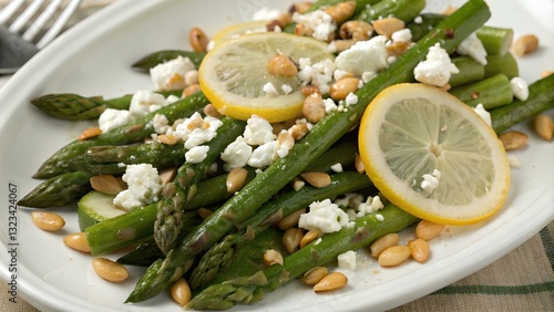 Obraz na płótnie Warm salad with asparagus, feta cheese, pine nuts and lemon w salonie
