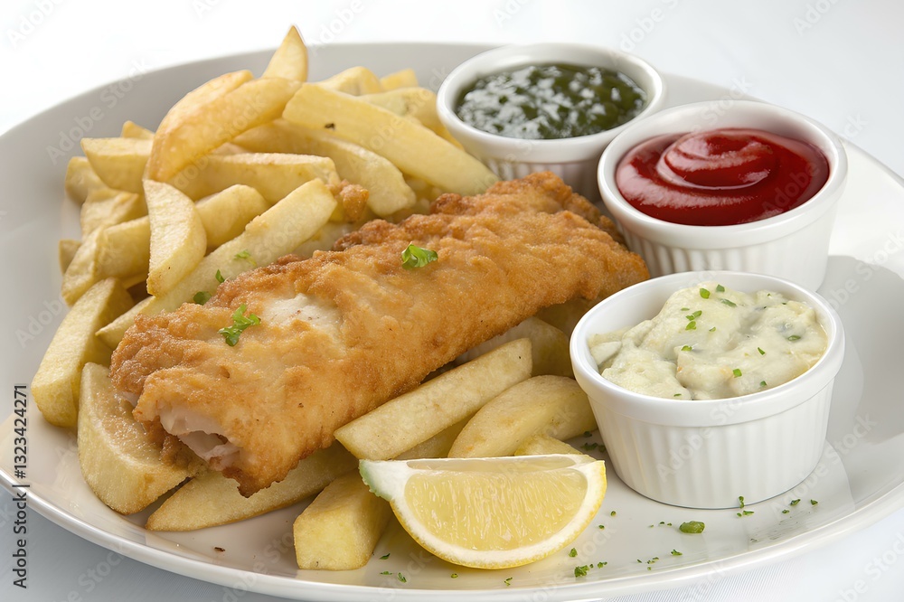 Fish and chips is a hot dish of fried fish in batter, served with chips or french fries. Malt vinegar, ketchup, catsup, tartar sauce are common dipping sauces. isolated on white background