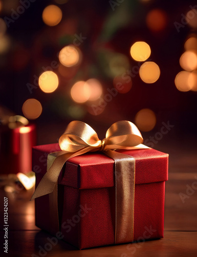 Christmas's golden ribbon and red gift box