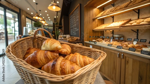 Freshly Baked Croissants in a Wicker Basket Displayed  in a Cozy Bakery Setting