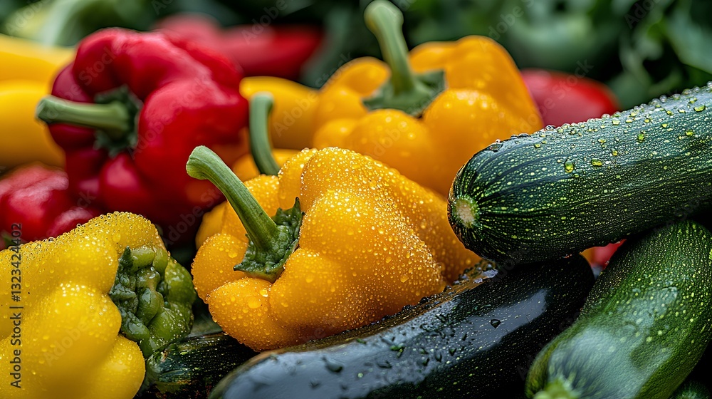 A sprawling summer garden with colorful vegetables like zucchini, bell peppers, and cucumbers, all glistening in the morning dew