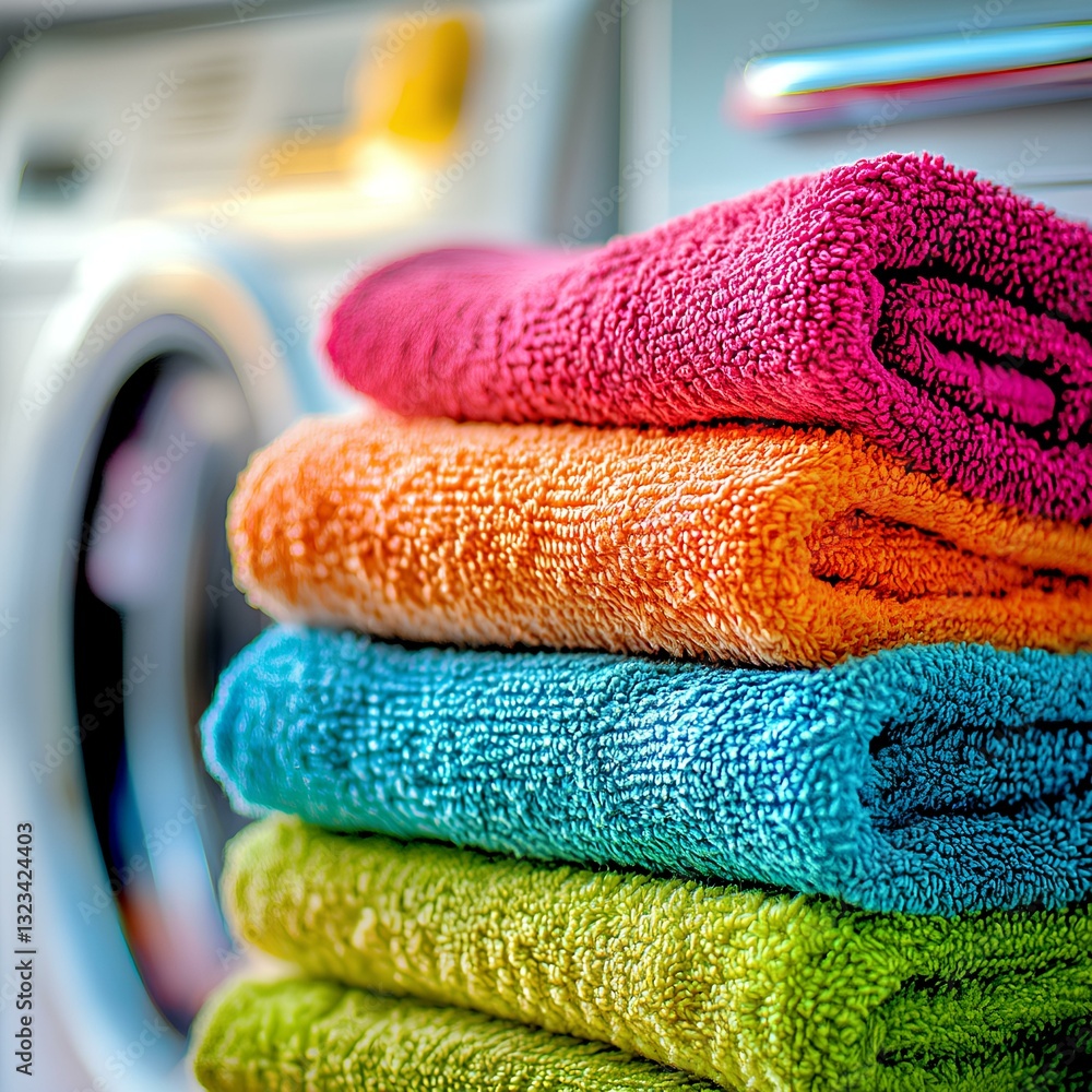 A pile of colorful next to the washing machine in bright colors, with a focus on laundry and home cleaning concepts. Blurred background
