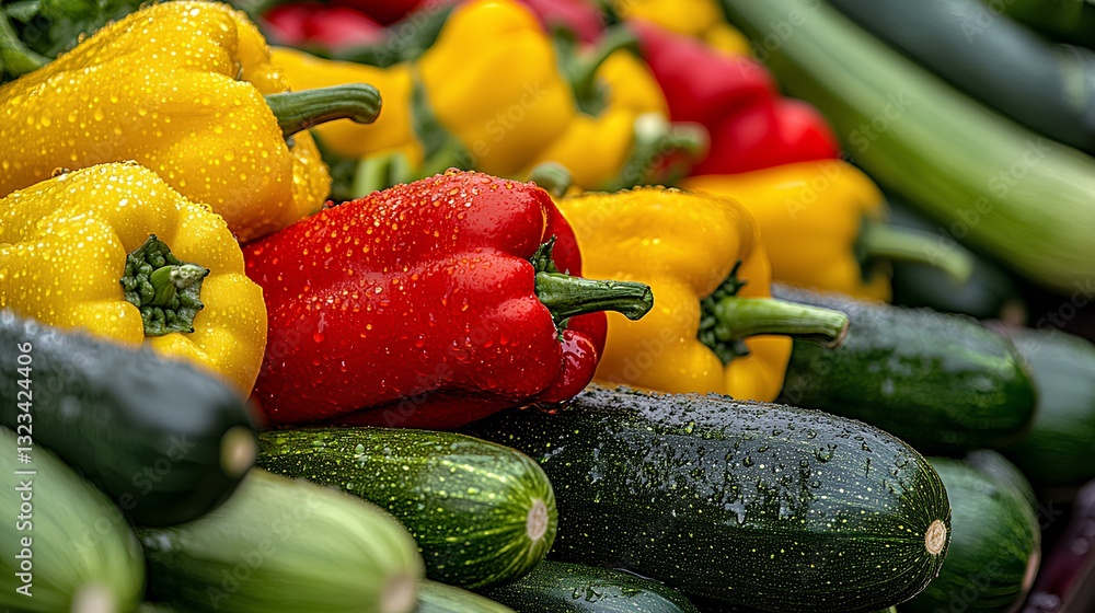 A sprawling summer garden with colorful vegetables like zucchini, bell peppers, and cucumbers, all glistening in the morning dew