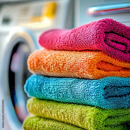 Obraz na płótnie A pile of colorful next to the washing machine in bright colors, with a focus on laundry and home cleaning concepts. Blurred background w salonie