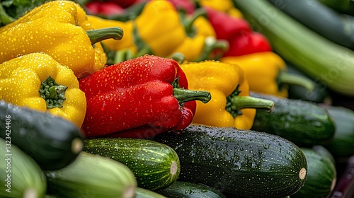 Obraz na płótnie A sprawling summer garden with colorful vegetables like zucchini, bell peppers, and cucumbers, all glistening in the morning dew w salonie