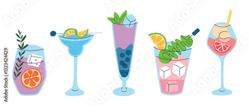 Vector illustrations set of summer cocktails, smoothies, and mocktails in elegant glasses. Tropical citrus drinks with fruits, ice, and garnishes like mint, lemon, and berries, doodles for bar menus