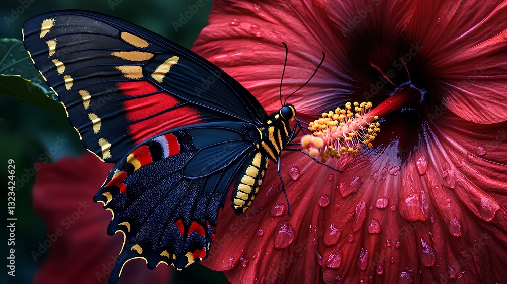 A butterfly resting on a hibiscus flower, with morning dew on the petals.