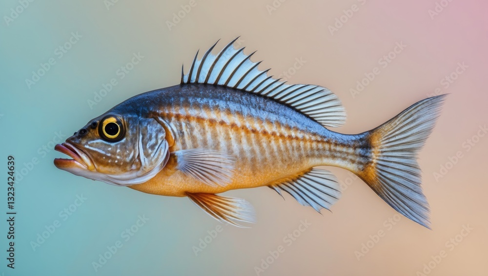 Fototapeta premium Vibrant Cernia fish swimming gracefully left with intricate blue and gold patterns on body against a soft pastel gradient background
