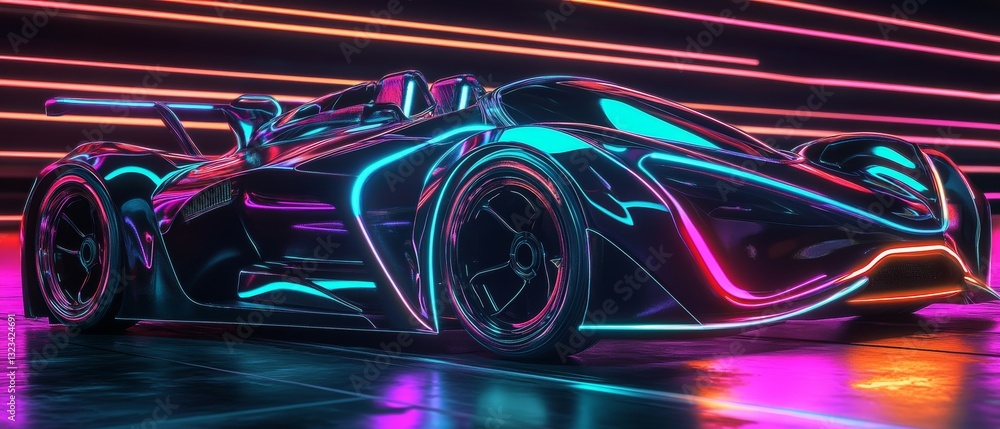A retro-futuristic electric sports car, neon lights, cyberpunk city A retro-futuristic electric sports car, neon lights, cyberpunk city