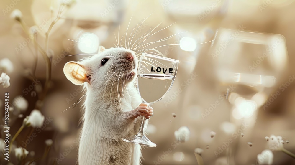 Fototapeta premium A white rat standing on its hind legs, holding up a wine glass with LOVE