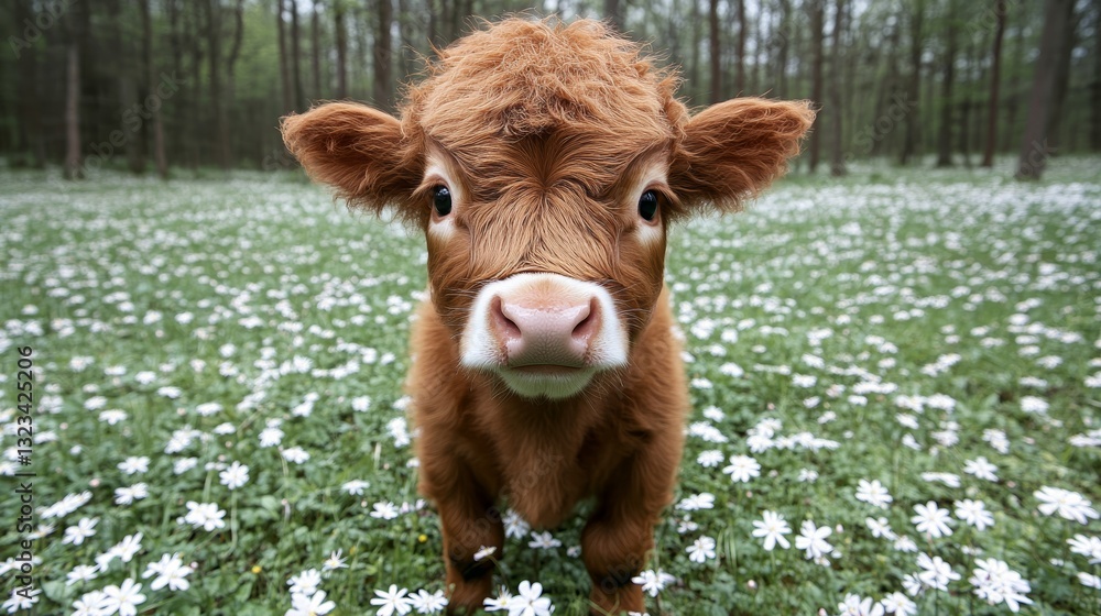 Adorable Highland Cow Calf Explores a Meadow of Tiny White Spring Flowers, Fisheye View Adorable Highland Cow Calf Explores a Meadow of Tiny White Spring Flowers, Fisheye View