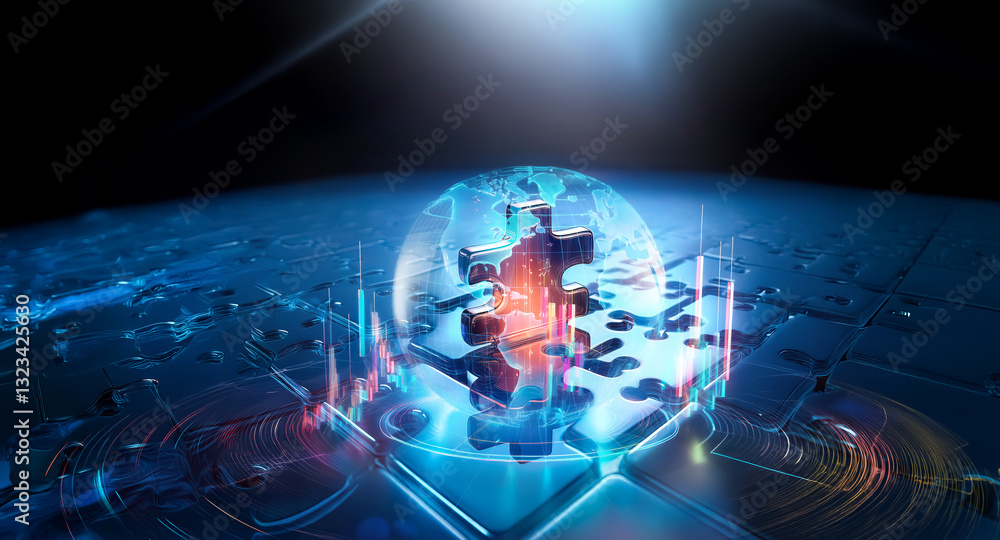 Fototapeta premium Illuminated puzzle globe on a blue tech surface symbolizes global connection and problem-solving in a futuristic style.