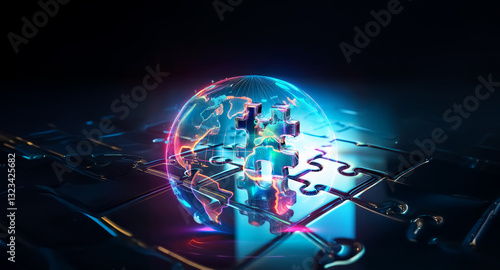 Wallpaper Mural A glowing globe is constructed from puzzle pieces, brightly lit with neon shades, representing connectivity and technological advancement in a digital realm. Torontodigital.ca